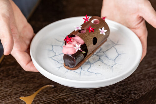 1ST PLACE: FLOURLESS CHOCOLATE TORTE, by Chef Robert Gonzalez Black Cocoa Shortbread, Andros Professional Raspberry Filling, Lavender-Chocolate Mousse, Raspberry Namelaka